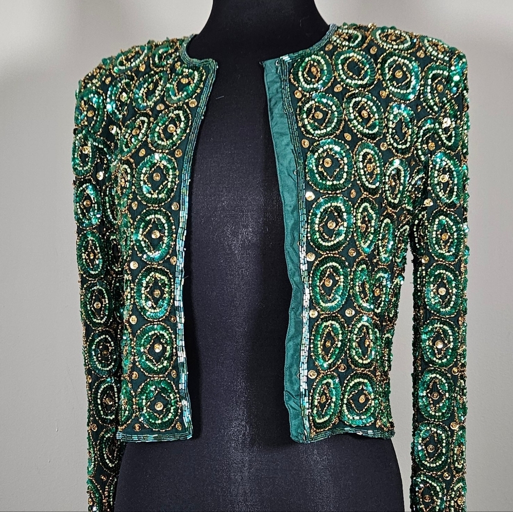 Vtg Beaded Sequin Bolero Jacket Cropped Silk Jacket Emerald & Gold XS/S